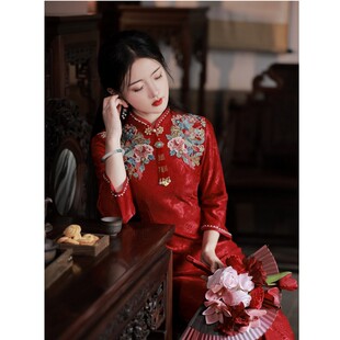 红色旗袍敬酒服2026新款秋冬季新娘长袖回门便装新中式订婚礼服裙