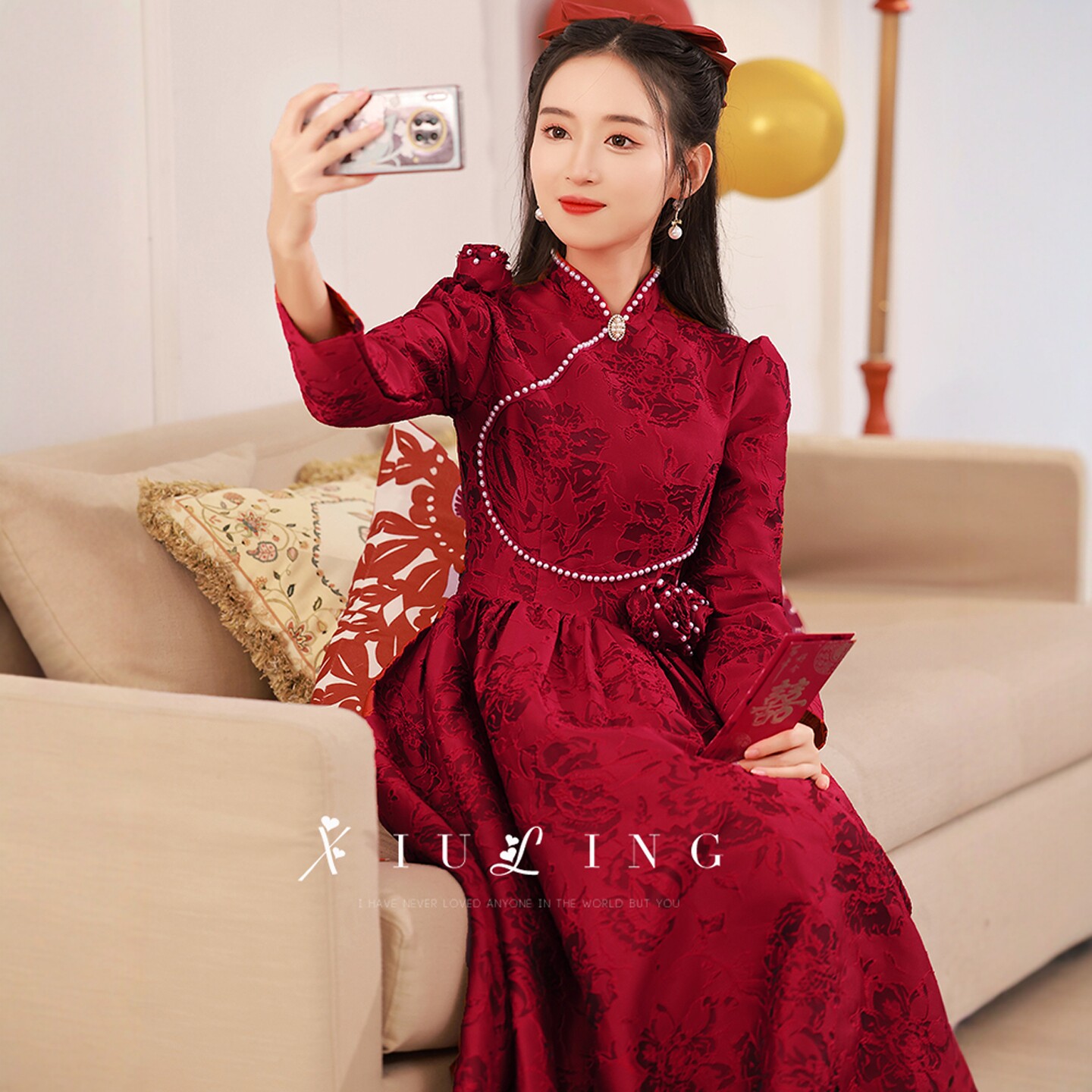 海棠记孕妇敬酒服新娘遮肚订婚旗袍大码胖mm酒红结婚礼服裙长袖冬