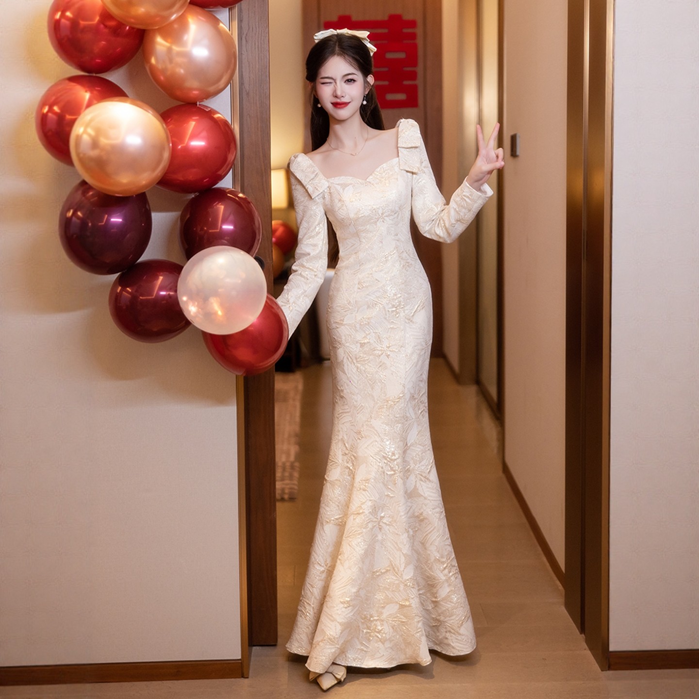 海棠记香槟色晚礼服新中式长袖轻奢宴会订婚鱼尾长裙冬新款敬酒服