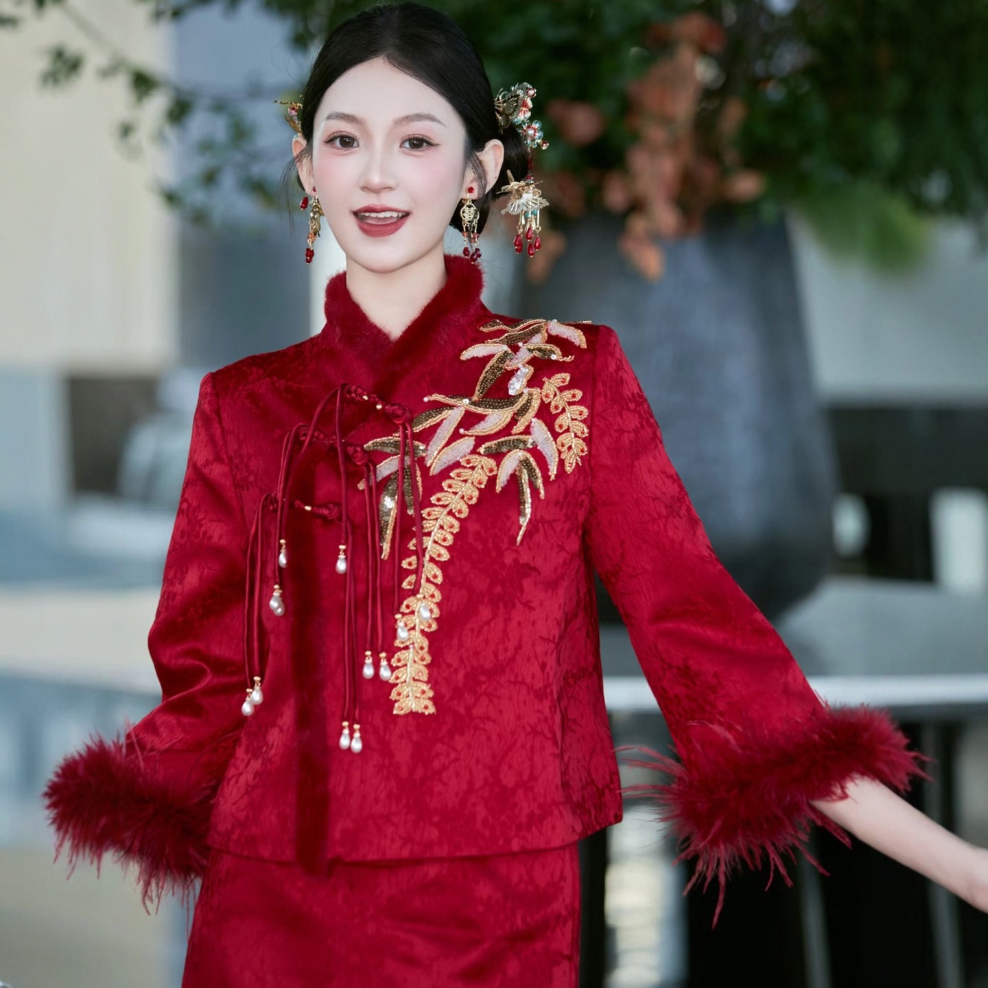 海棠记冬季敬酒服新娘小个子红色套装平时可穿新中式订婚礼服加绒