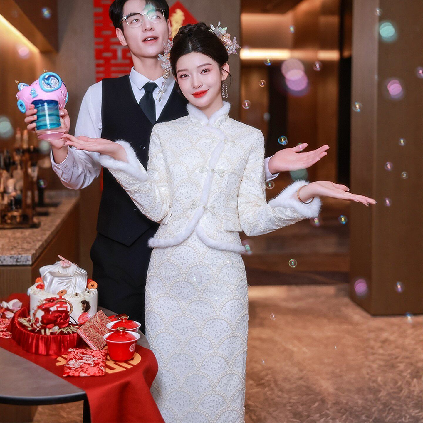 海棠记香槟色旗袍敬酒服新娘小个子订婚礼服裙女新中式套装长袖裙