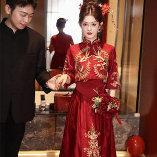 海棠记新中式订婚连衣裙套装酒红色敬酒服新娘高级感新款结婚礼服