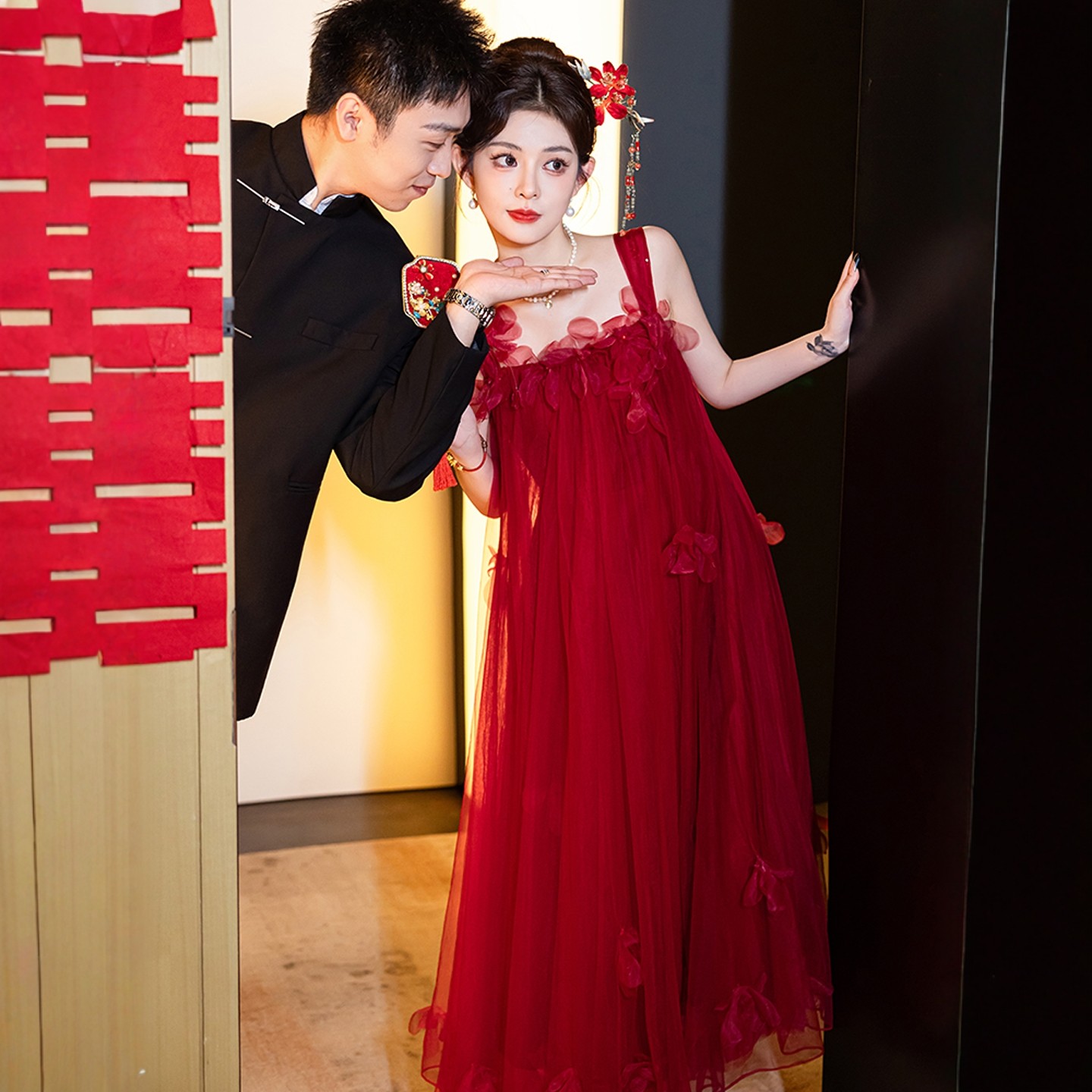 海棠记晨袍女新娘结婚蓬蓬纱裙日常可穿酒红色法式订婚礼服敬酒服