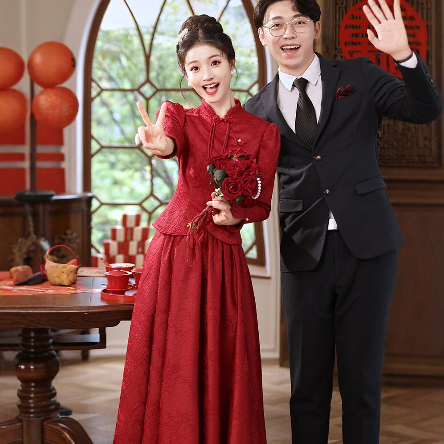 海棠记旗袍敬酒服新娘红订婚礼服裙中式秀禾服婚服回门女改良长袖