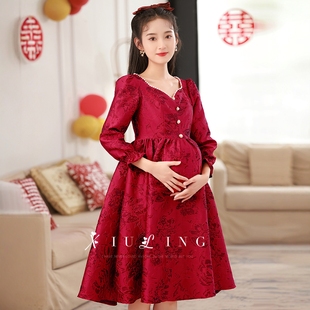 海棠记孕妇敬酒服新娘法式订婚结婚礼服裙大码胖mm酒红色高级感夏