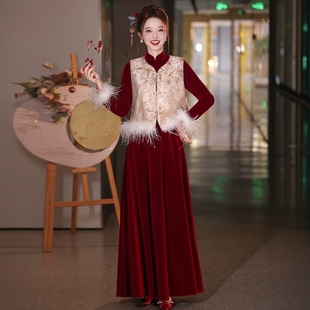 海棠记中式订婚连衣裙加厚冬新款红色敬酒服新娘结婚回门礼服长袖