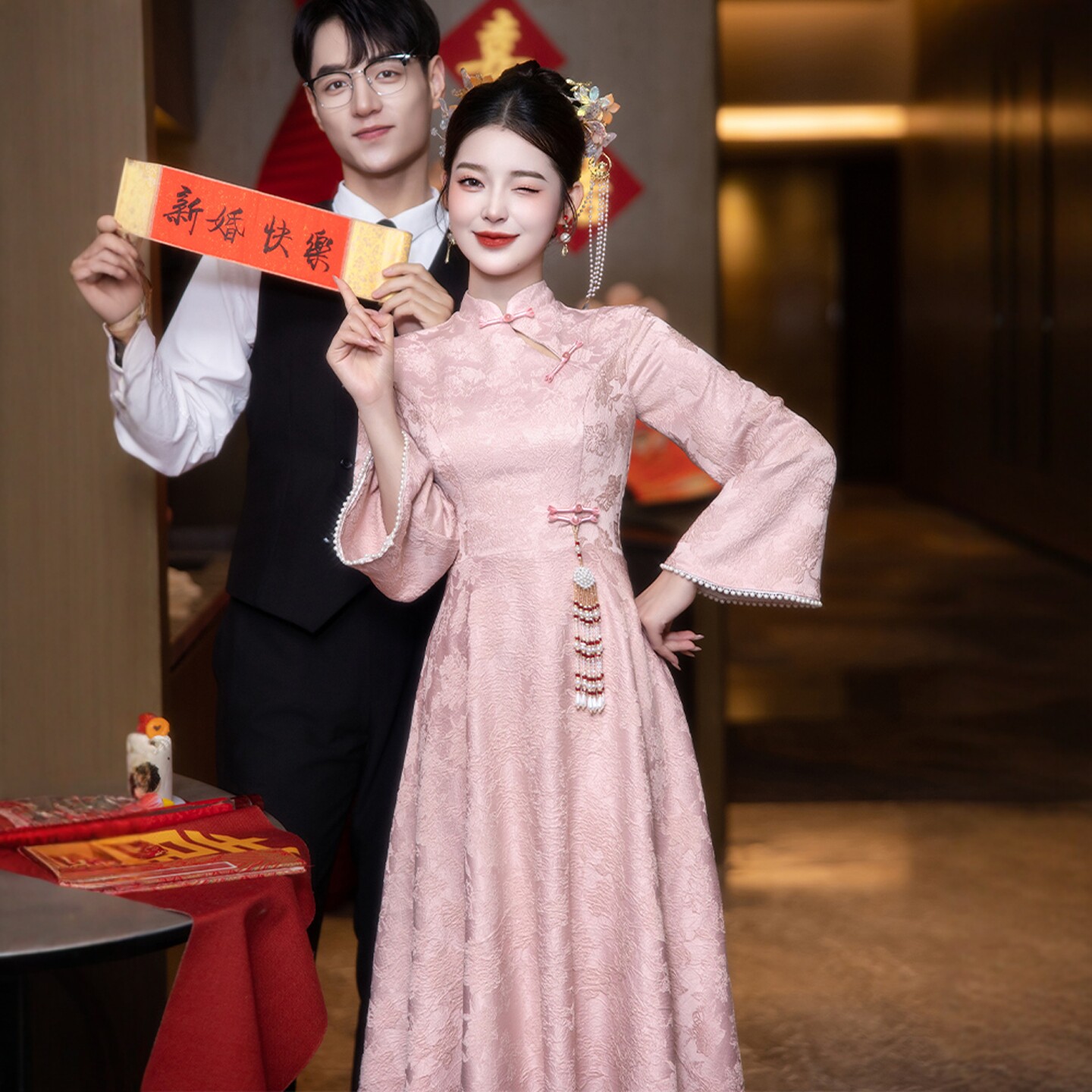 海棠记新中式粉色旗袍新娘孕妇敬酒服订婚礼服裙回门大码胖mm遮肚