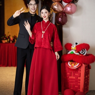 海棠记孕妇旗袍敬酒服新娘中式套装大码胖mm红色订婚礼服遮肚长袖