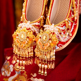 海棠记汉服鞋女新娘红古风秀禾婚鞋手工diy原创中式婚礼坡跟绣鞋