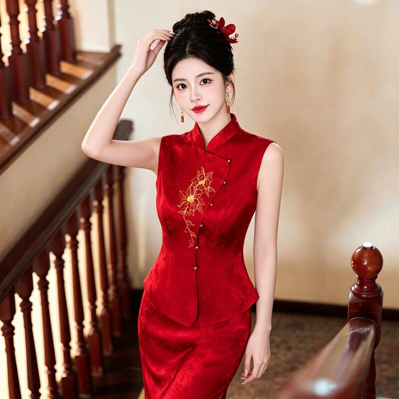 海棠记新中式订婚礼服裙女轻奢小众高级感红色新娘敬酒服回门旗袍
