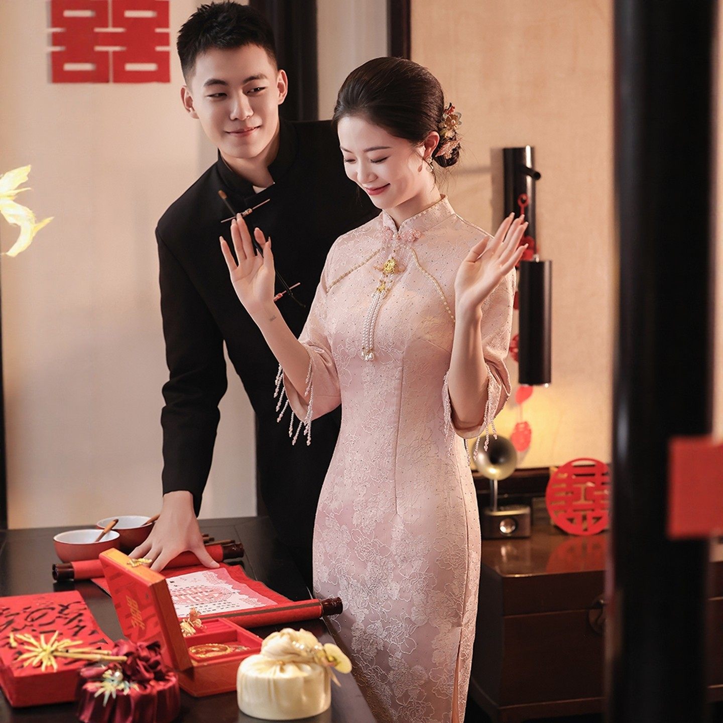 海棠记粉色旗袍敬酒服新娘小个订婚礼服裙新中式平时可穿结婚长袖,女装/女士精品,旗袍,淘宝优惠券,粉丝福利购,淘宝优惠卷