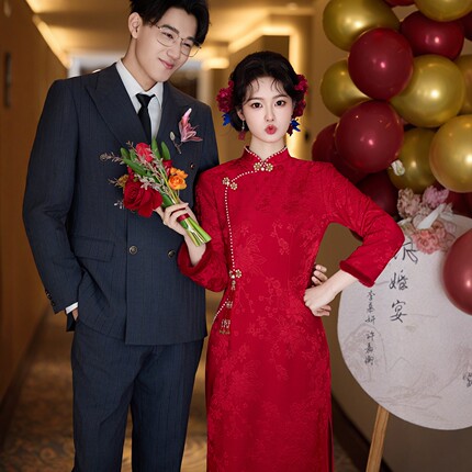 海棠记红色旗袍敬酒服新娘小个子冬季新中式订婚礼服裙女结婚年轻
