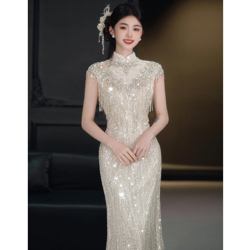 鱼尾晚礼服高端轻奢小众主持人年会连衣裙亮片气质名媛显瘦艺考裙