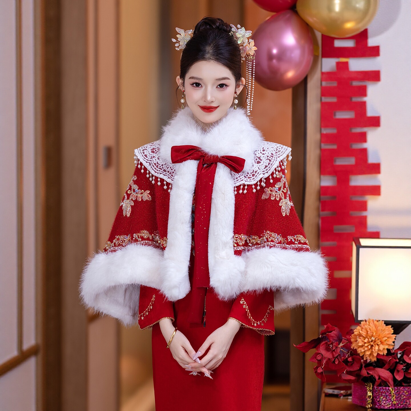 海棠记红色毛披肩婚纱敬酒服披风新娘结婚斗篷婚礼外套加厚外搭冬