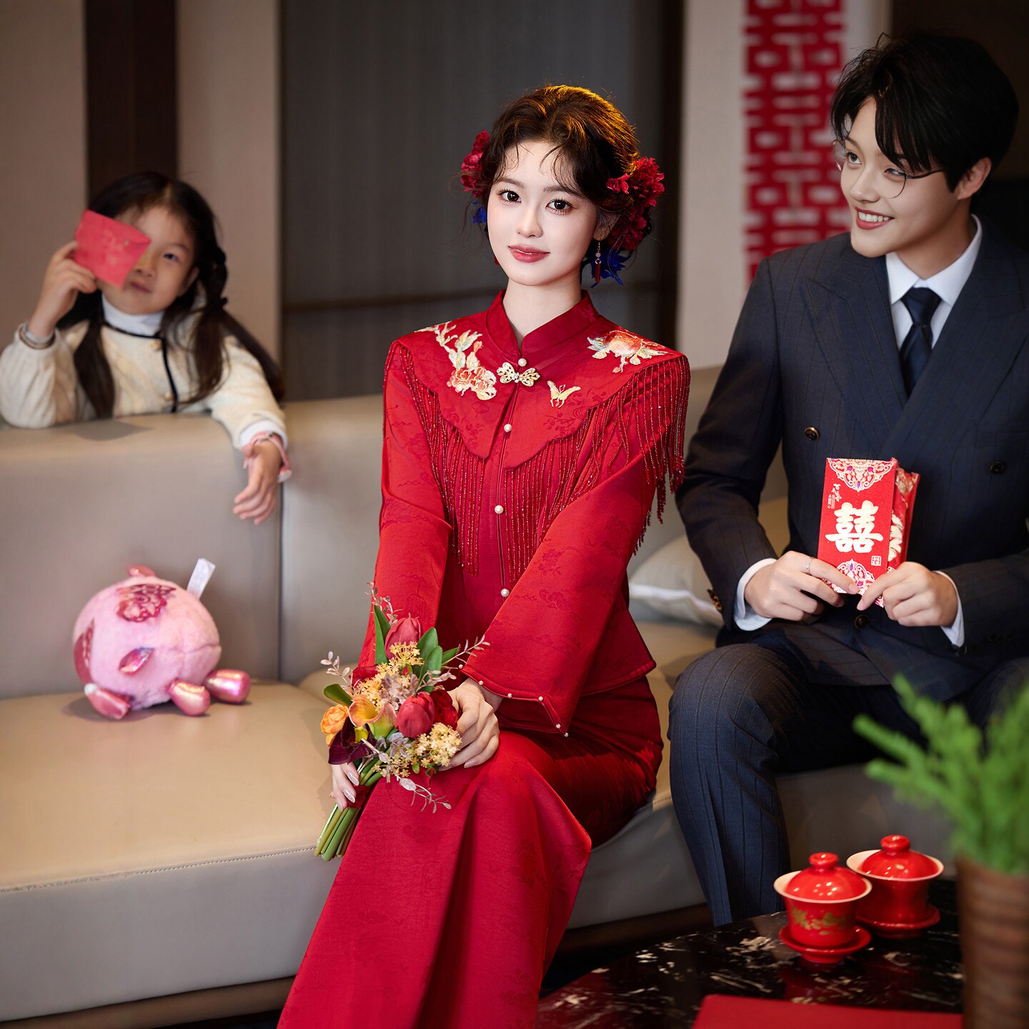 海棠记红色流苏旗袍敬酒服新娘新款新中式订婚礼服裙女回门套装冬