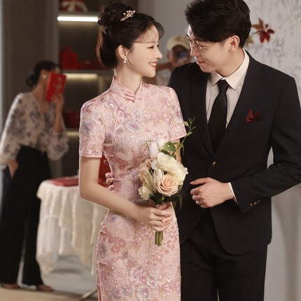 海棠记粉色旗袍领证登记晨袍新中式敬酒服新娘小个子结婚订婚礼服