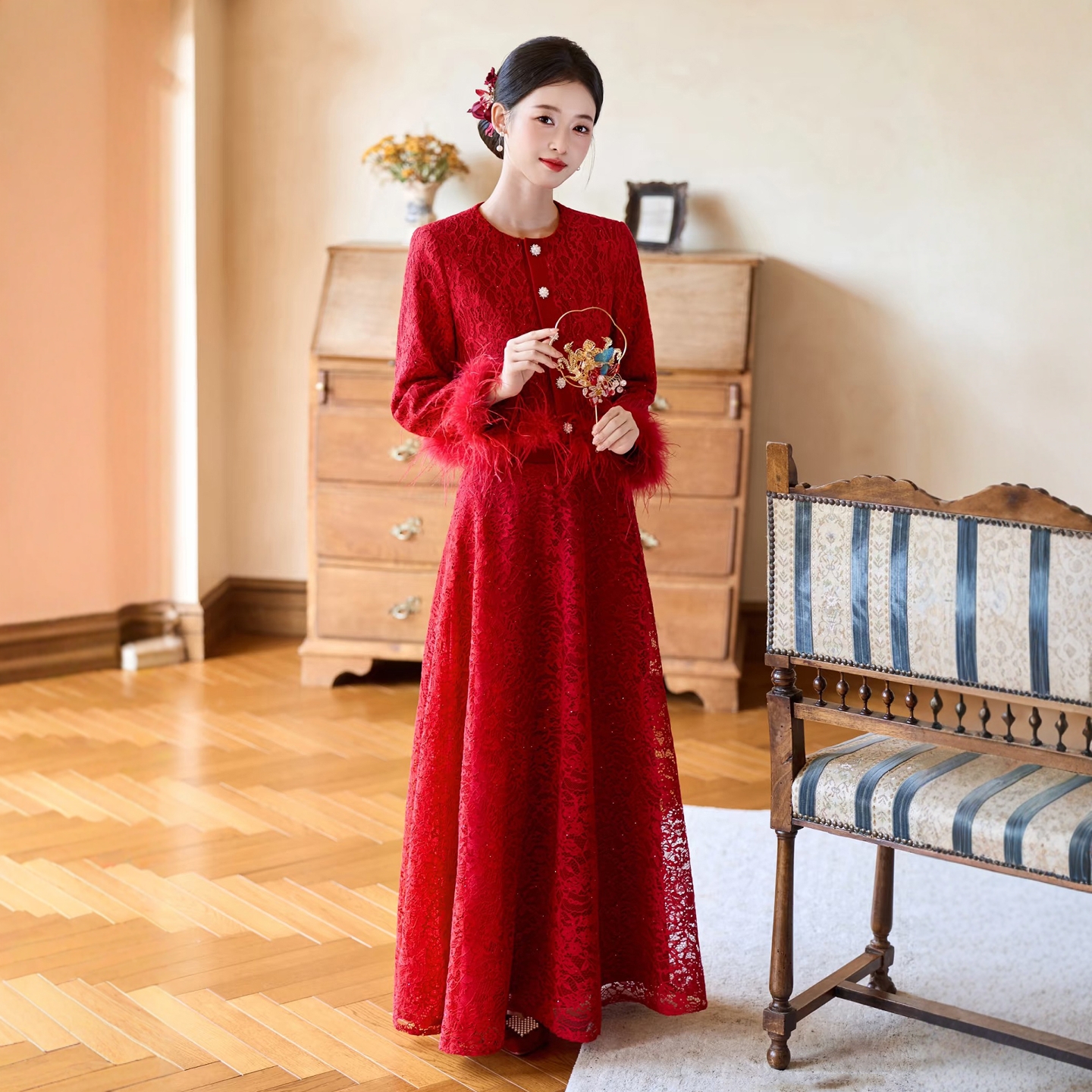 海棠记红色旗袍敬酒服新款中式裙