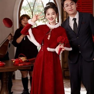 海棠记敬酒服新娘酒红色新中式订婚连衣裙加厚冬季新款回门便装服