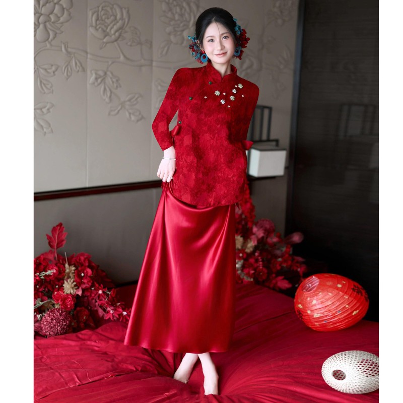 海棠记中式红色订婚礼服女高级感绝美改良旗袍裙套装晨袍敬酒服新
