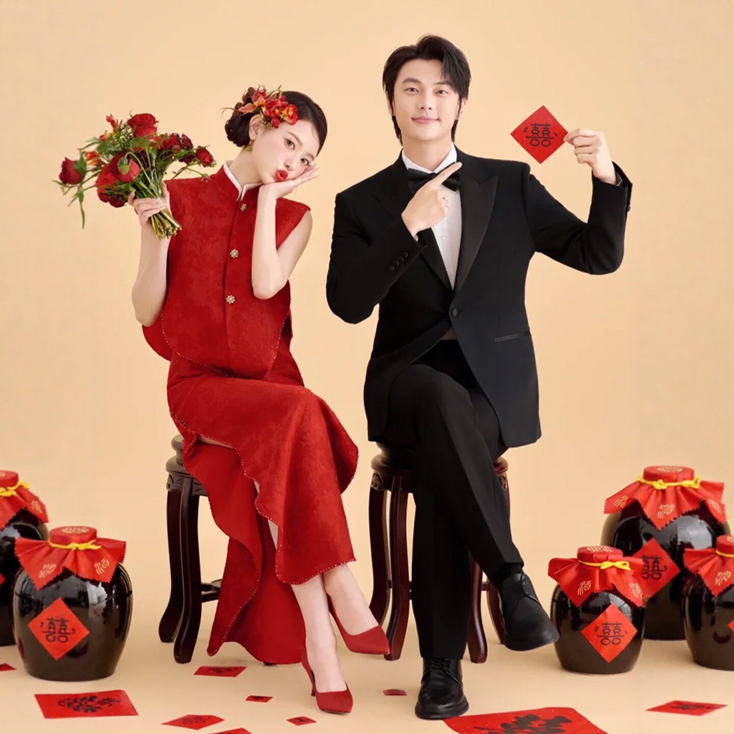 海棠记新中式敬酒服新娘订婚礼服晨袍女高级质感红改良旗袍两件套