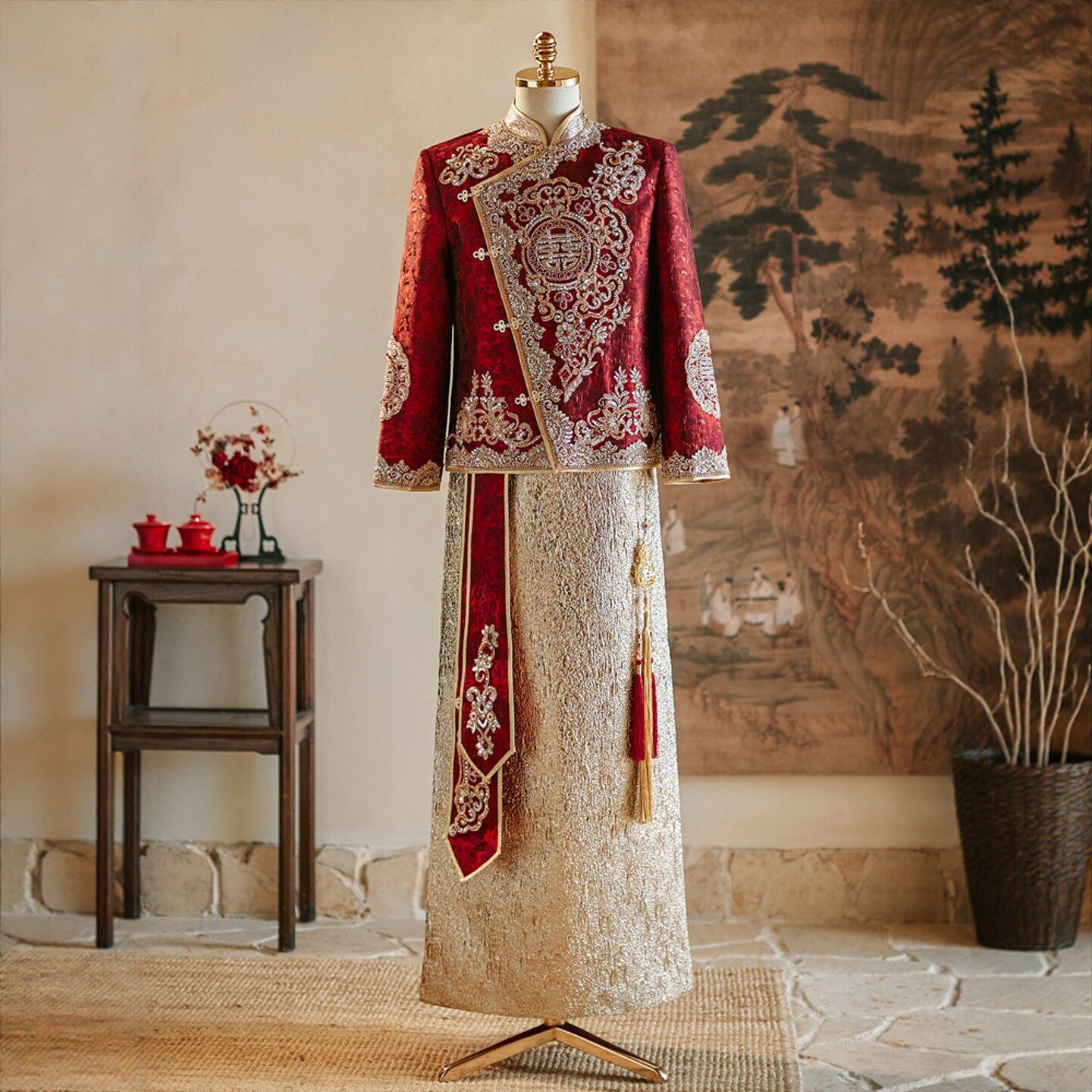 海棠记秀禾服男士新郎装中式礼服红色敬酒服秀和服新款结婚香槟色