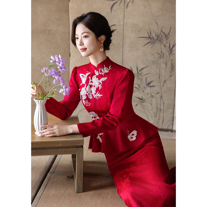 春夏季长袖红色刺绣新娘结婚敬酒服旗袍国风中式答谢宴礼服女鱼尾