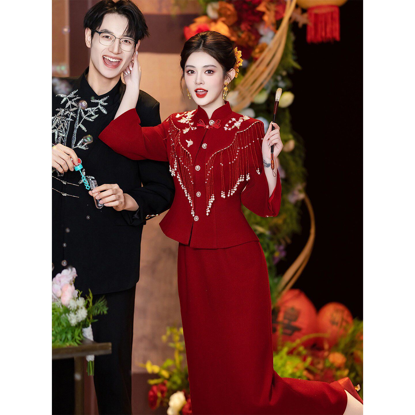 新中式旗袍敬酒服2026新款春季长袖新娘订婚裙两件套结婚回门便装