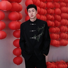 海棠记新中式中国风翠竹刺绣中山装男飞机扣立领西装外套订婚礼服