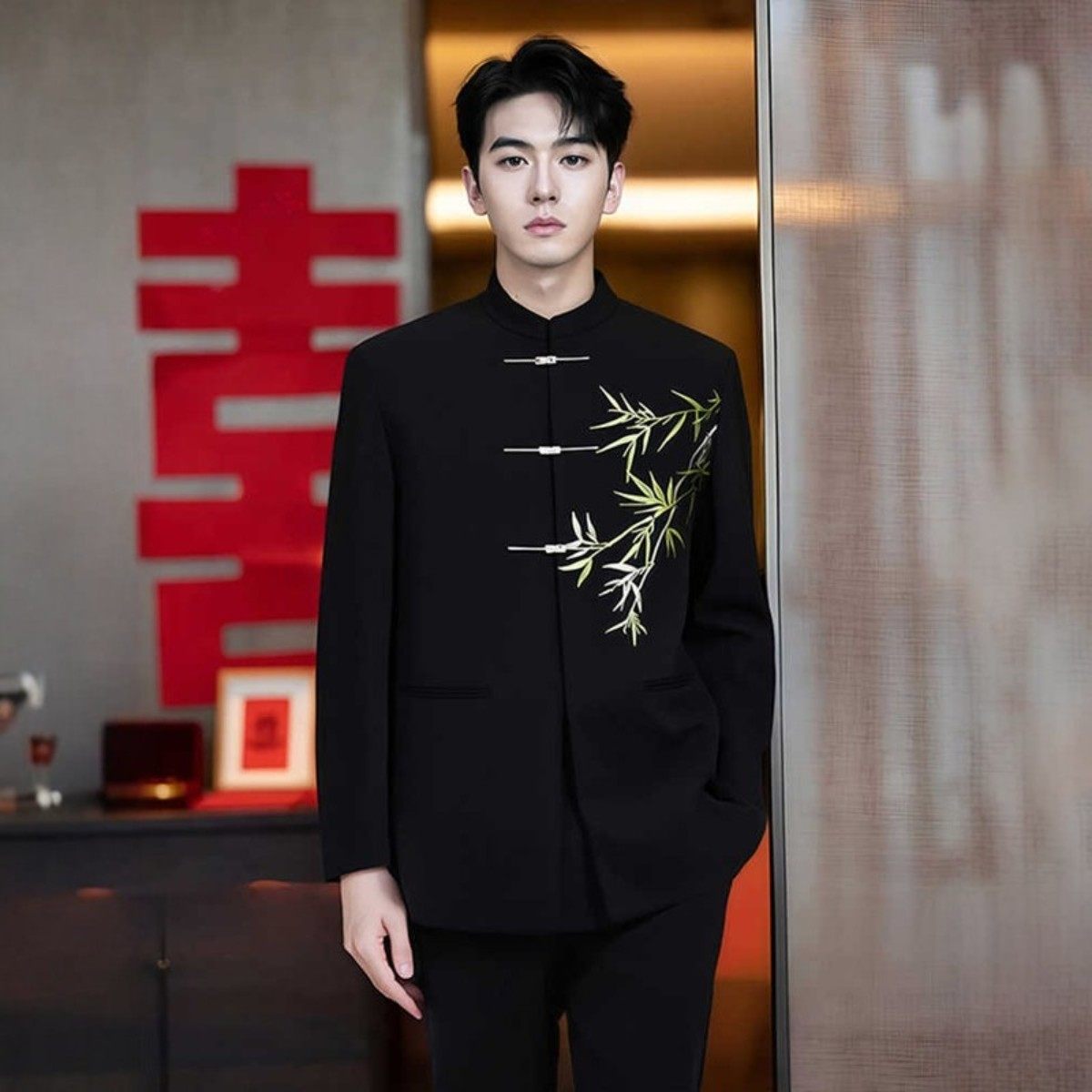 海棠记新中式西套装男士高级感订婚穿搭竹叶刺绣垫肩唐装西服礼服