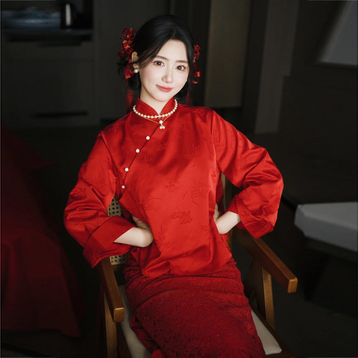 新中式复古敬酒服新娘红色订婚旗袍长袖高级感答谢宴套装礼服裙女