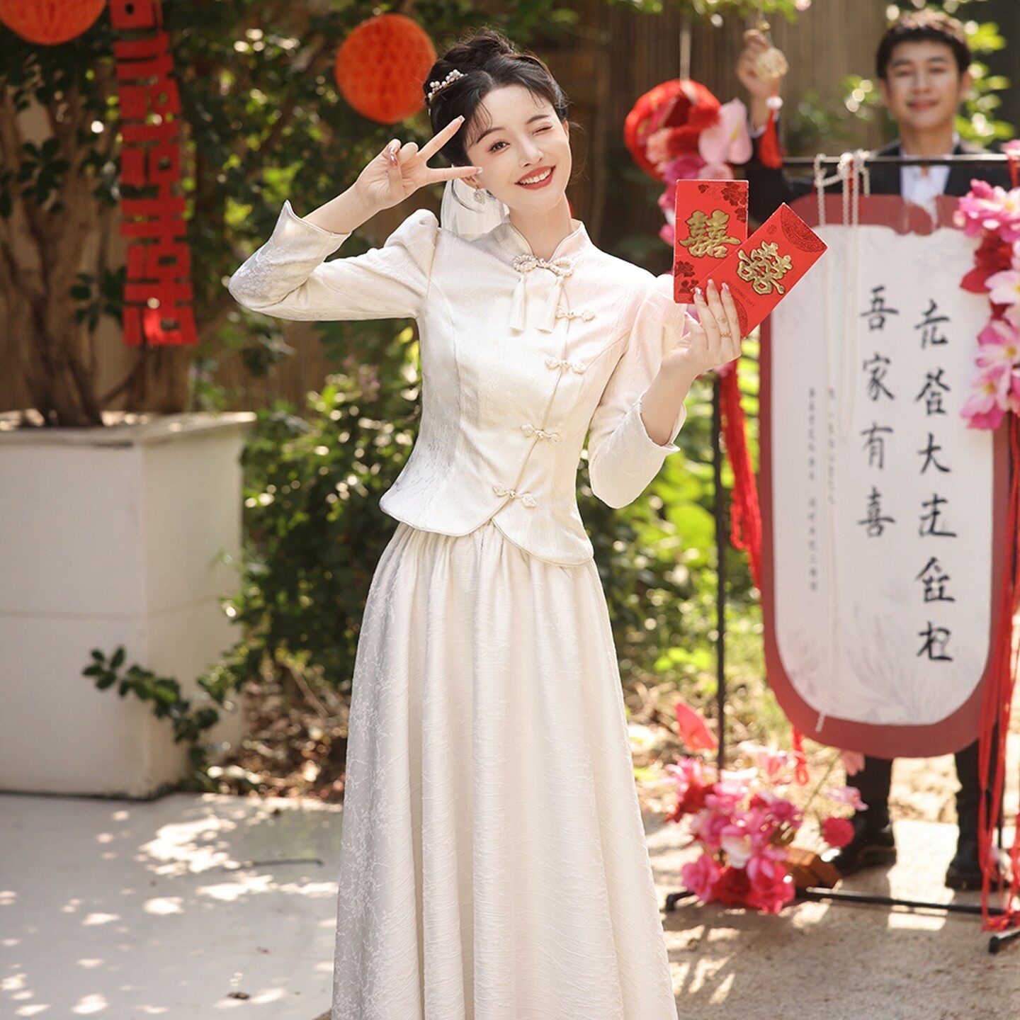 海棠记白色订婚旗袍敬酒服新娘登记领证礼服连衣裙女新中式长袖裙