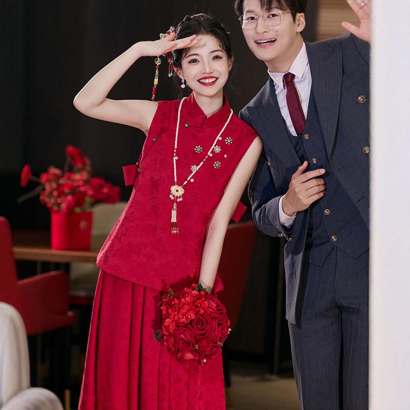 海棠记大码红色旗袍敬酒服孕妇订婚礼服裙胖mm中式新娘出阁宴便装