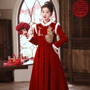 海棠记新中式孕妇遮肚新娘结婚订婚出阁宴礼服裙大码胖mm冬季加绒