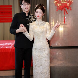 海棠记香槟色旗袍敬酒服新娘订婚礼服裙女新中式结婚衣服长袖亮片