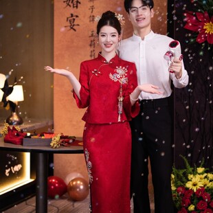 海棠记红色旗袍敬酒服新娘新款订婚礼服裙女结婚中式套装显瘦长袖