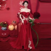 新中式 敬酒服一字肩新娘酒红色刺绣复古高端结婚回门宴订婚礼服裙