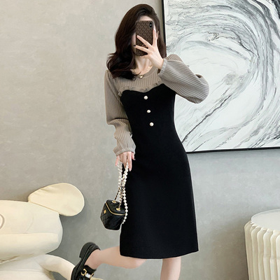 小香风假两件针织连衣裙女毛衣裙