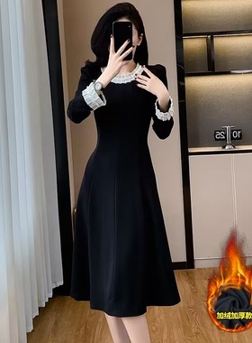 赫小本香风黑色连衣裙子女秋冬新款加绒加厚轻奢收腰显瘦礼服长裙