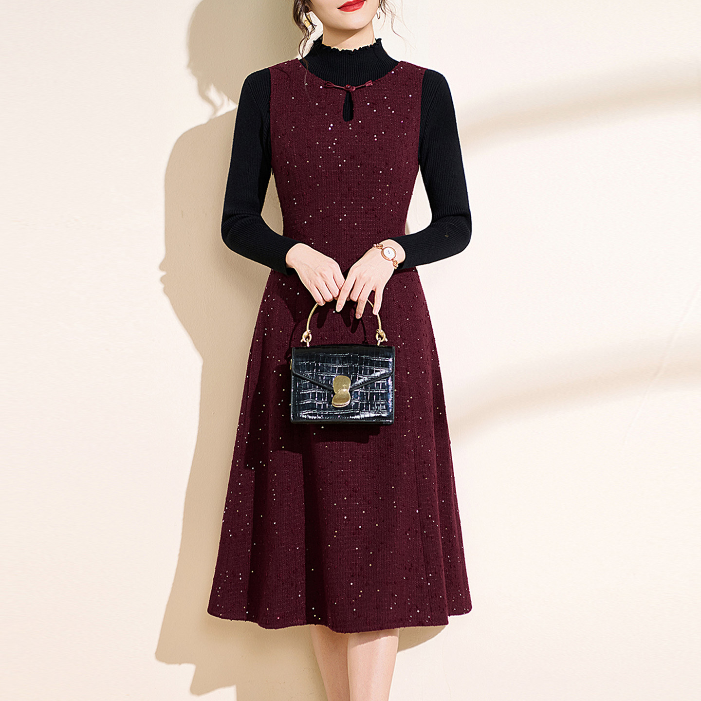 法式背带裙红色小香风连衣裙秋冬