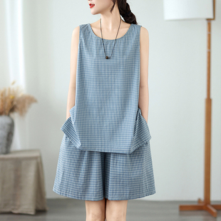 套装 马甲背心休闲棉麻阔腿短裤 女韩版 格子衬衫 两件套 无袖 欧货时尚