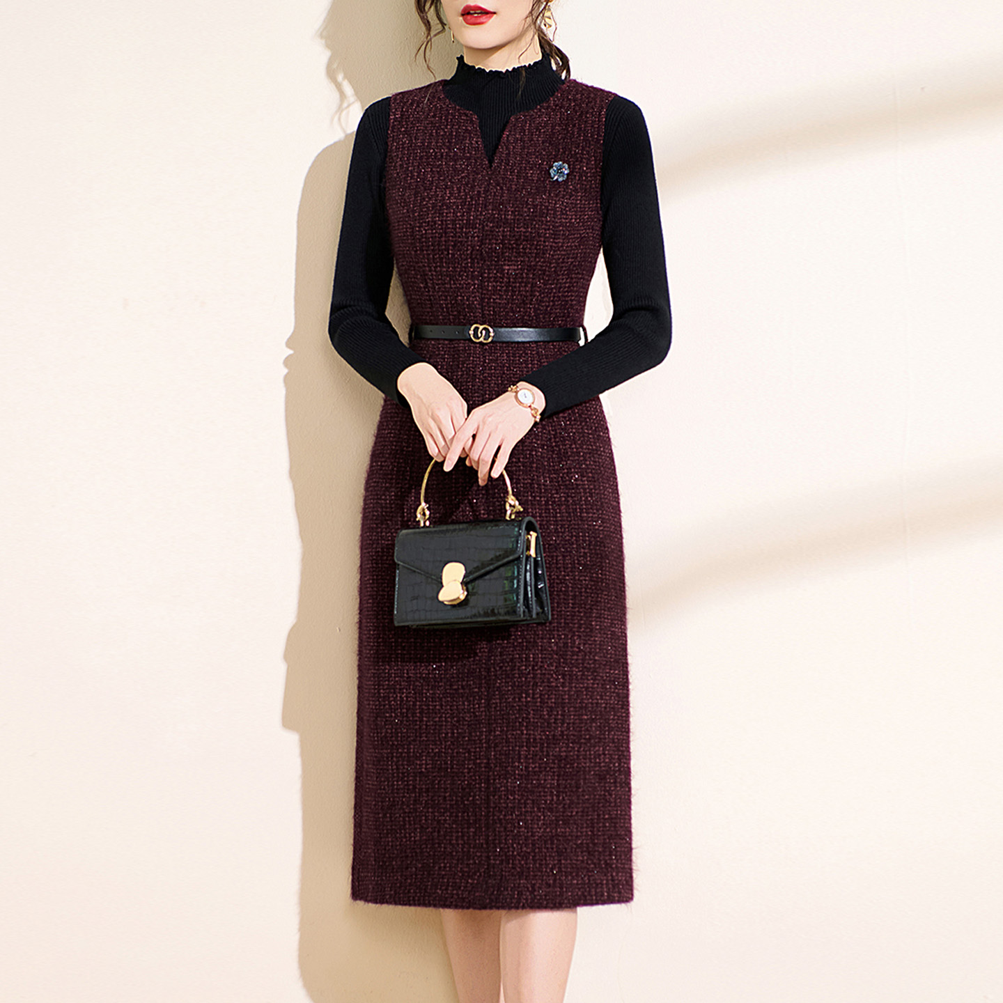 法式背带连衣裙两件套红色a字裙