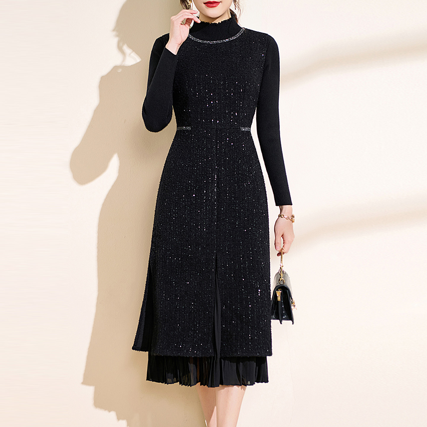 毛呢背心两件套连衣裙女士装秋冬