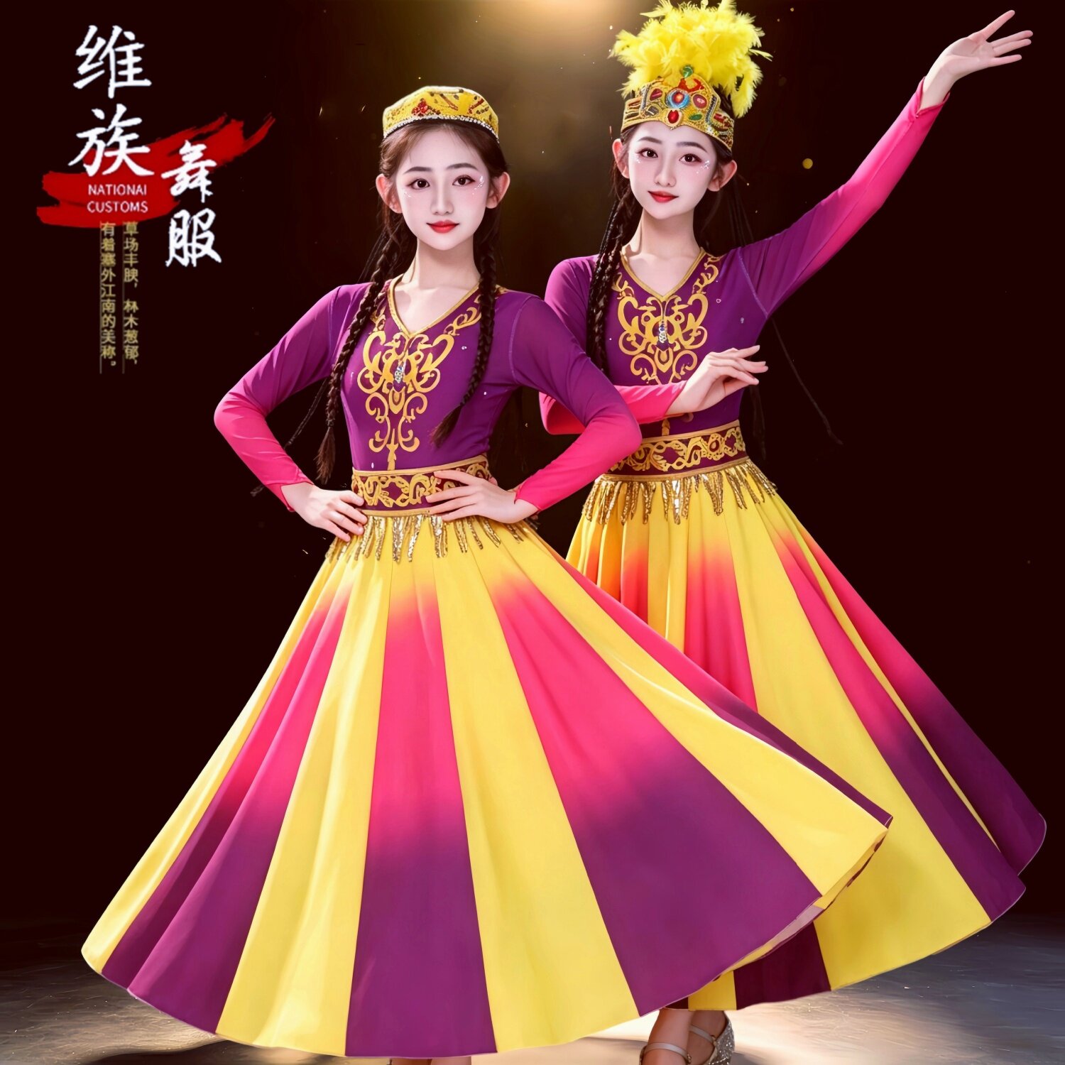 儿童新疆舞蹈演出服女童维族舞蹈服摘葡萄娃哈哈绽放渐变色民族风