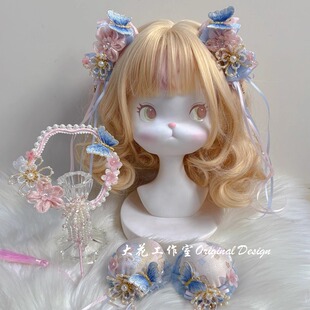 原创粉蓝新中式 国风玉兔发饰仿宋锦蝴蝶发包抓夹古风扇子配饰