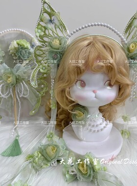 原创绿色洛丽塔发饰千里江山国风洛丽塔配饰团扇蝴蝶发箍