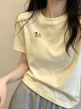 多巴胺黄色雪花棉宽松休闲显瘦上衣女夏季设计感小众短袖正肩T恤