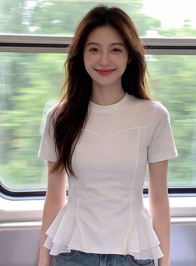 法式白色收腰荷叶边正肩短袖T恤女夏季设计感鱼骨线修身显瘦上衣