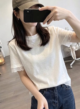 白色蕾丝花边拼接圆领正肩短袖T恤女夏季韩系宽松休闲显瘦上衣服