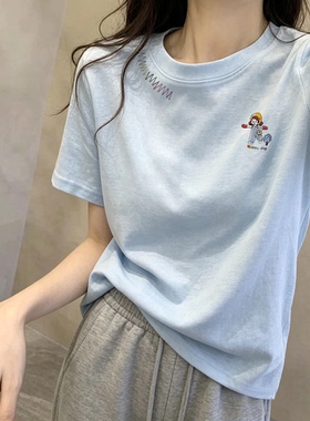 韩系蓝色宽松休闲圆领半袖上衣服女夏季雪花棉设计感正肩短袖T恤