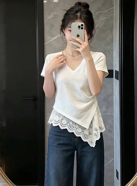 白色设计感V领蕾丝拼接正肩短袖t恤女夏季新款修身显瘦减龄上衣服